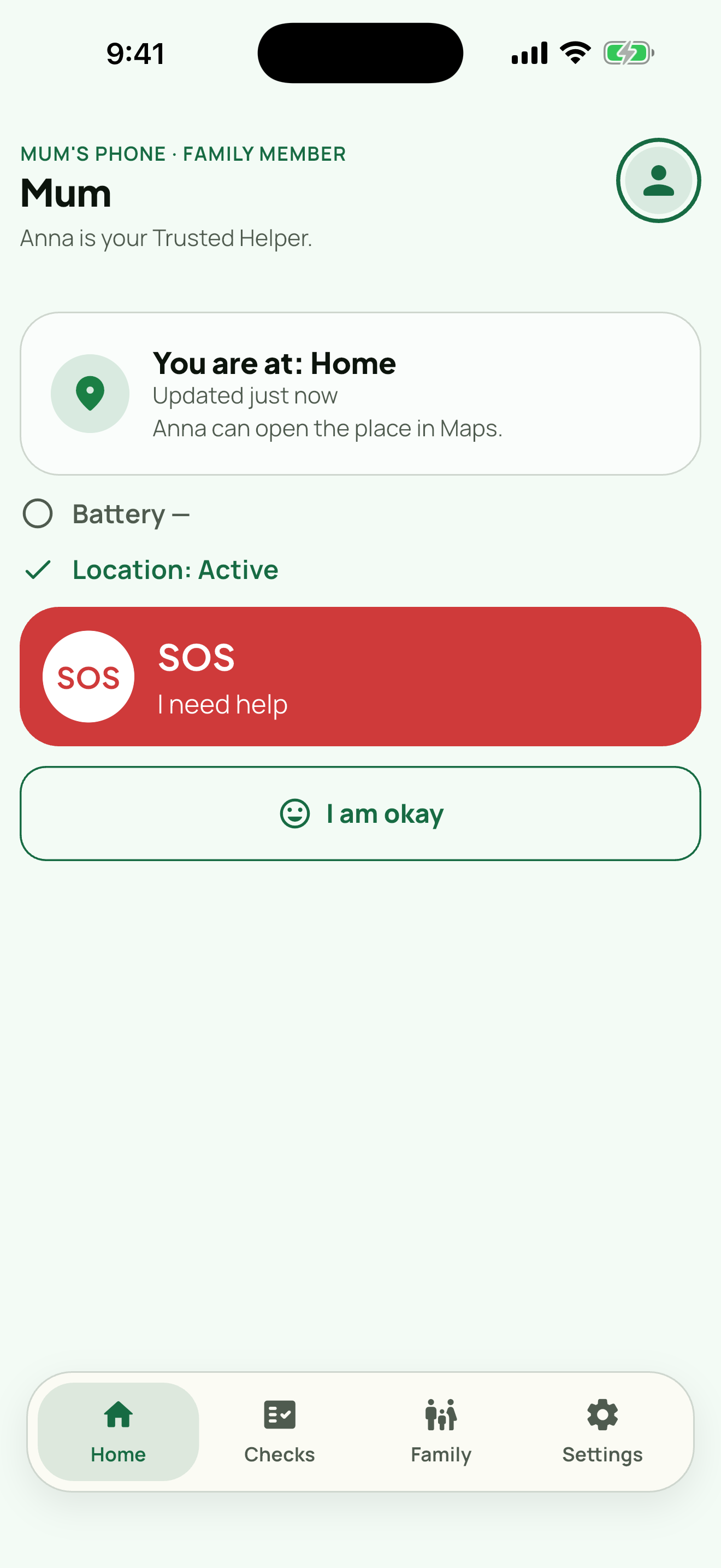 The family member's own screen — what is shared is visible to them too.